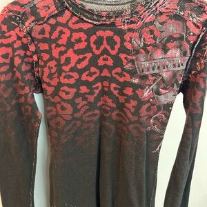 Affliction Red and Black Leopard Print Long Sleeve Top